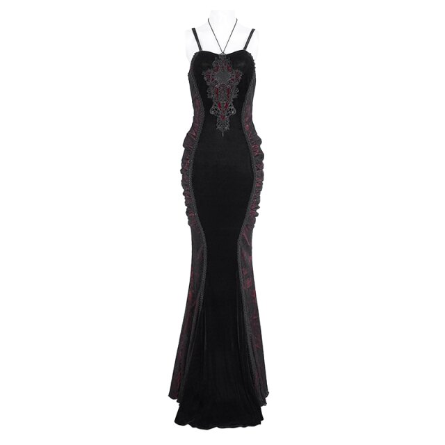 Langes rot schwarzes Neckholderkleid Scarpia mit Spitze L