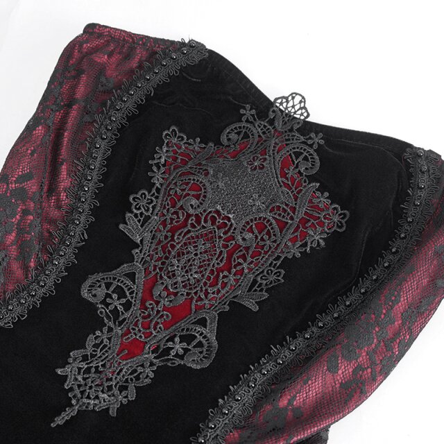 Langes rot schwarzes Neckholderkleid Scarpia mit Spitze S