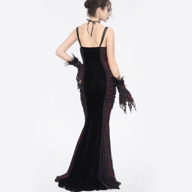 Langes rot schwarzes Neckholderkleid Scarpia mit Spitze S