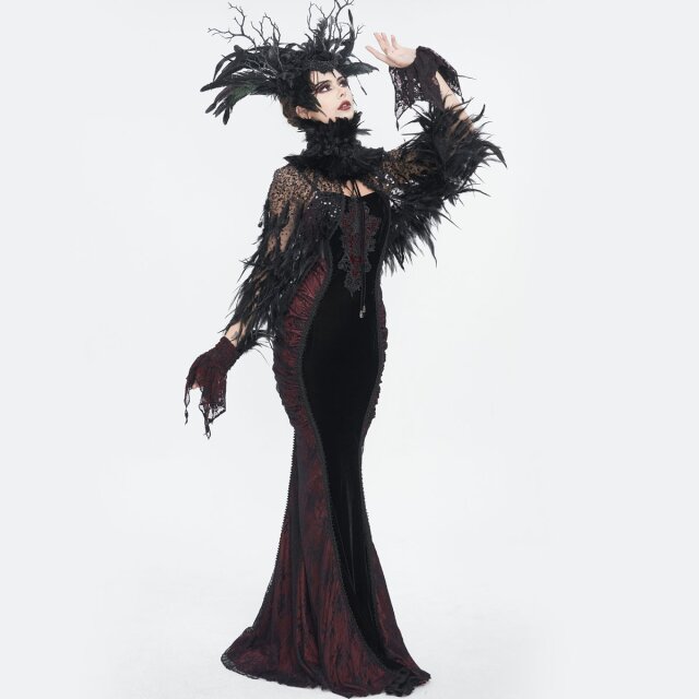 Langes rot schwarzes Neckholderkleid Scarpia mit Spitze S