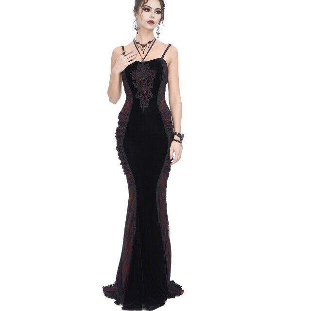 Langes rot schwarzes Neckholderkleid Scarpia mit Spitze XL