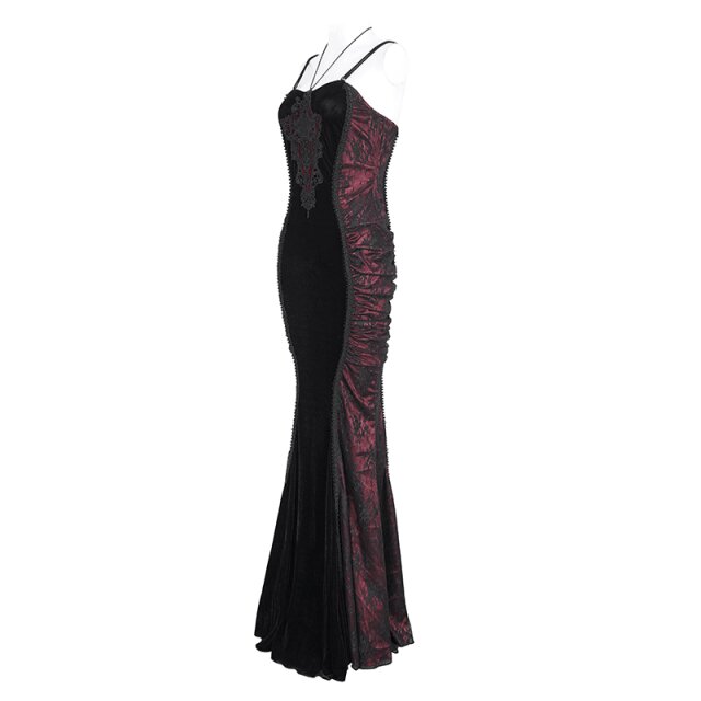 Langes rot schwarzes Neckholderkleid Scarpia mit Spitze XL