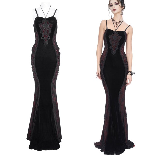 Dunkelromantisches Neckholderkleid (ESKT046) von Eva Lady in sinnlichem Meerjungenfrau Schnitt aus tiefschwarzem Samt mit Spitze und blutroten Akzenten sowie schwarzen Perlen