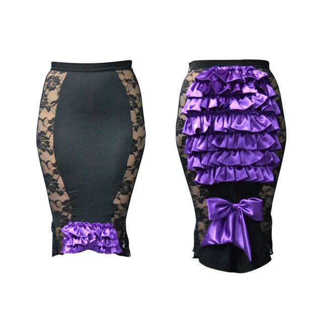 Burlesque-ruffle skirt-with lace insert - size: M/L (UK 12-14) - colour: black-purple