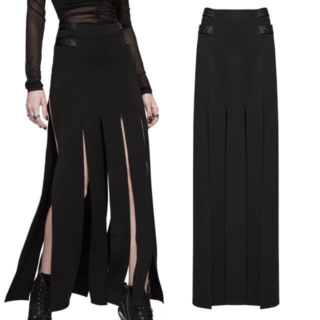 PUNK RAVE long, narrow gothic panel skirt (OQ-707) Noirelle with high slits, side straps with rivets and back pockets