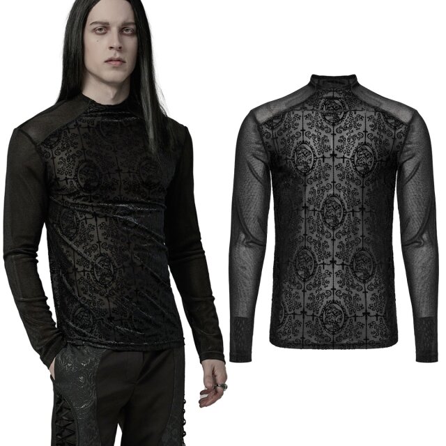 Punk rave mesh gothic longsleeve Skull Cameo (WT-907TCM) for men with baroque flocking with a pattern of skull cameos, crosses and tendrils