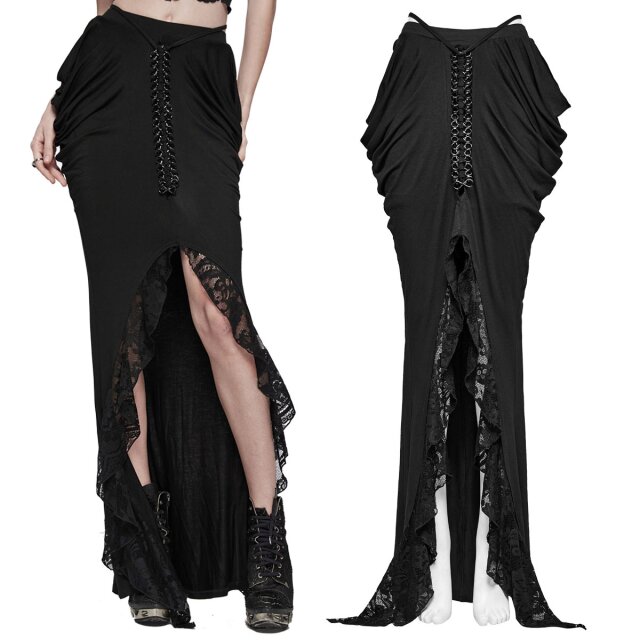 Punk rave long mermaid gothic skirt (WQ-702) Tenebris with lace flounce, high slit and black chain
