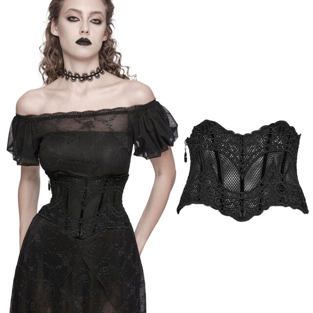 PUNK RAVE Gothic mesh corset belt Annea with lace (WS-615YDF), ornamental pattern and velvet lacing for dark romantic moments