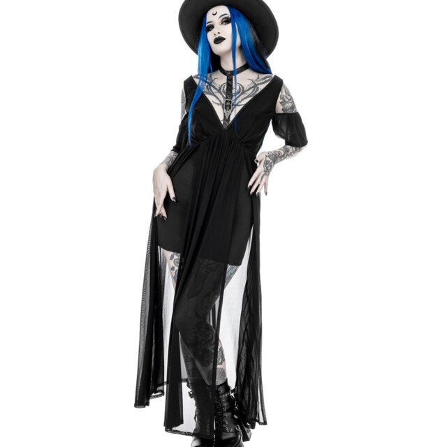 Restyle Lilith off-the-shoulder maxi gothic dress made of mesh with large V-neck, choker and cathedral buckle