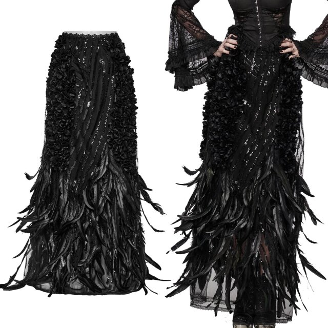 Floor-length Punk Rave Gothic skirt (WQ-720BK) with feathers, sequins and fabric flowers in an enchanting A-line for a fairytale gothic wedding or an unforgettable, darkly romantic ball night in a castle.