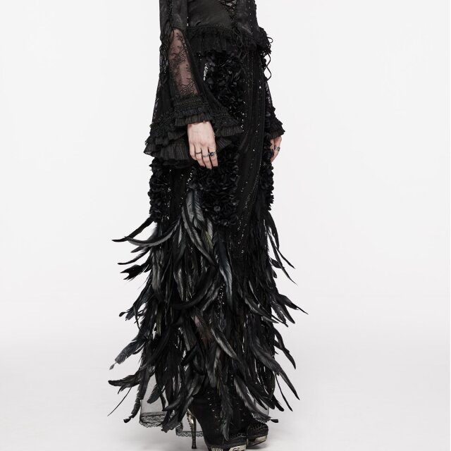 Punk Rave maxi skirt Black Swan with feathers and sequins
