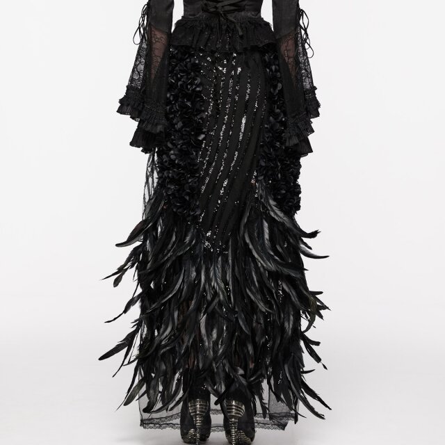 Punk Rave maxi skirt Black Swan with feathers and sequins