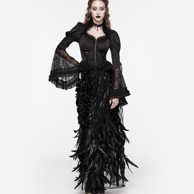Punk Rave maxi skirt Black Swan with feathers and sequins