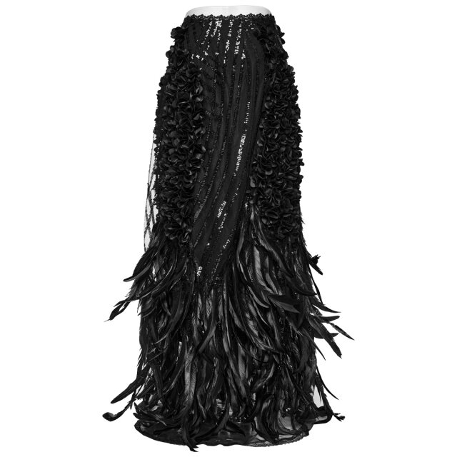 Punk Rave maxi skirt Black Swan with feathers and sequins