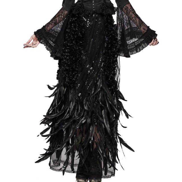 Punk Rave maxi skirt Black Swan with feathers and sequins