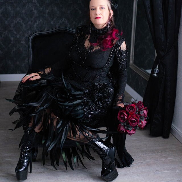 Punk Rave maxi skirt Black Swan with feathers and sequins