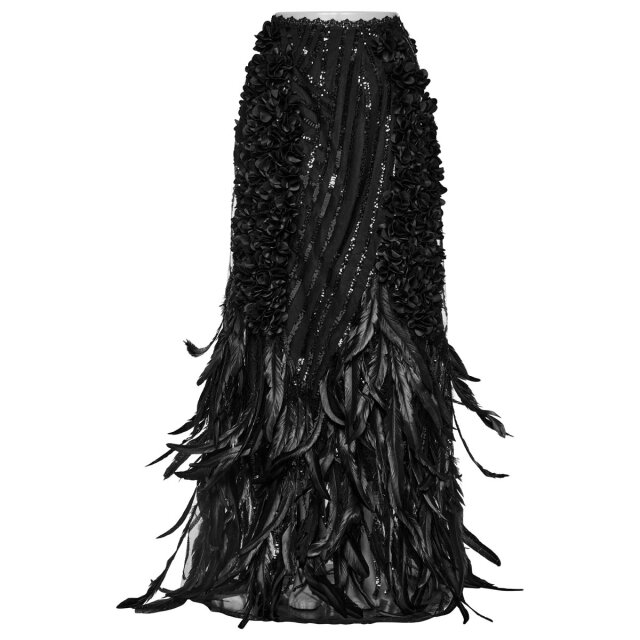 Punk Rave maxi skirt Black Swan with feathers and sequins