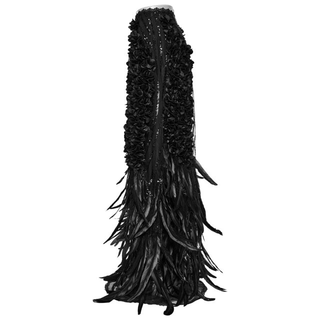 Punk Rave maxi skirt Black Swan with feathers and sequins
