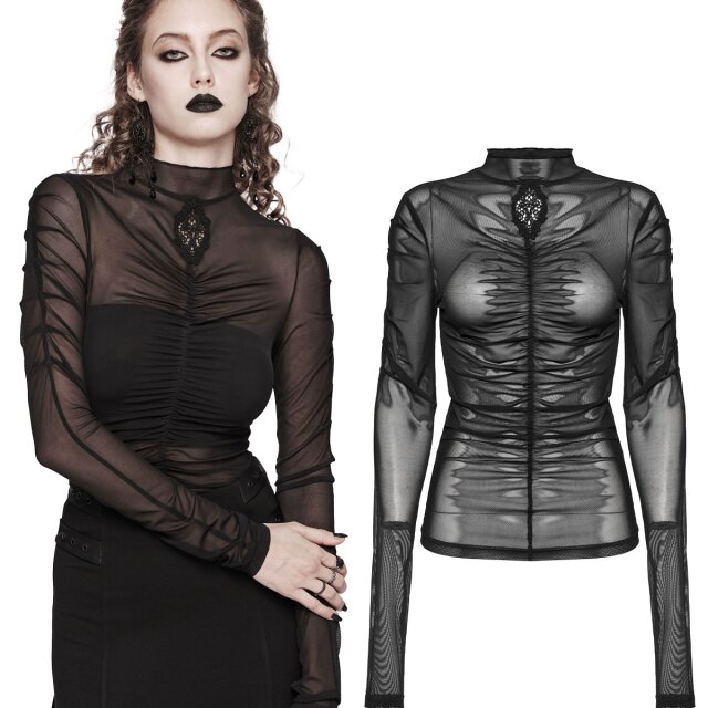 Punk Rave gesmoktes Gothic Mesh Shirt Longsleeve Moira (WT-800TCF & DT-800BK) mit Kragen und Spitzenelement