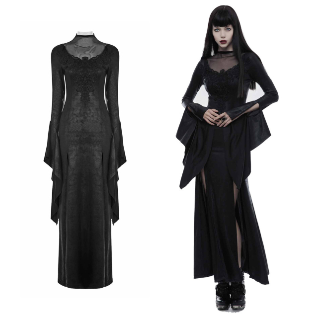 Punk Rave WQ-349LQF-BK beautiful long wetlook gothic dress with high slit for long & wild party nights