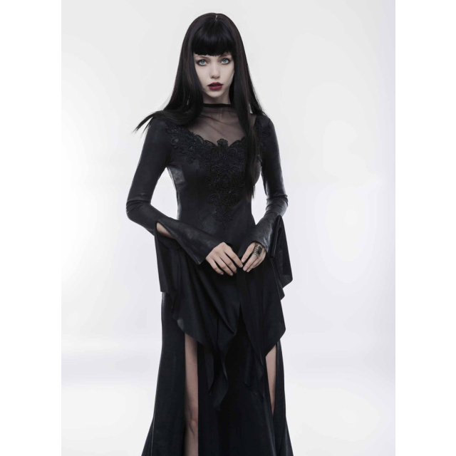 Langes Wetlook Gothic-Kleid Sparkle mit Trompetenärmeln