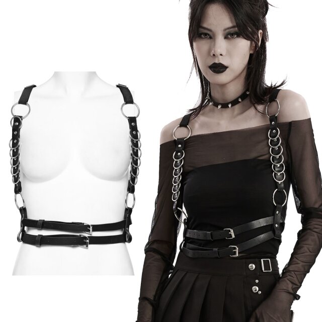 PUNK RAVE Kunstleder Gothic-Oberkörper-Harness (WS-610BK) mit doppeltem Taillengürtel und Trägern in Hosenträger-Optik mit zahlreichen, großen O-Ringen besetzt