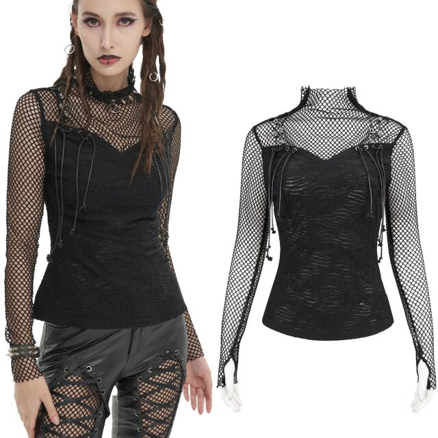 Devil Fashion Gothic longsleeve shirt (TT233) with mesh fabric, high collar, beautiful heart neckline and fabric in distressed look