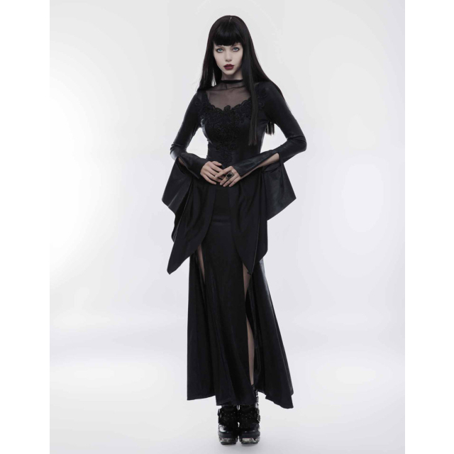 Long wet look gothic dress Sparkle with trumpet sleeves - size: M-L