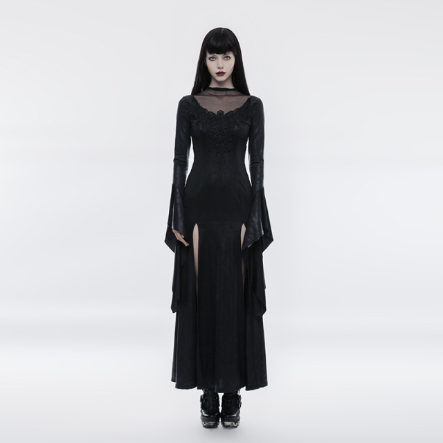 Long wet look gothic dress Sparkle with trumpet sleeves - size: M-L