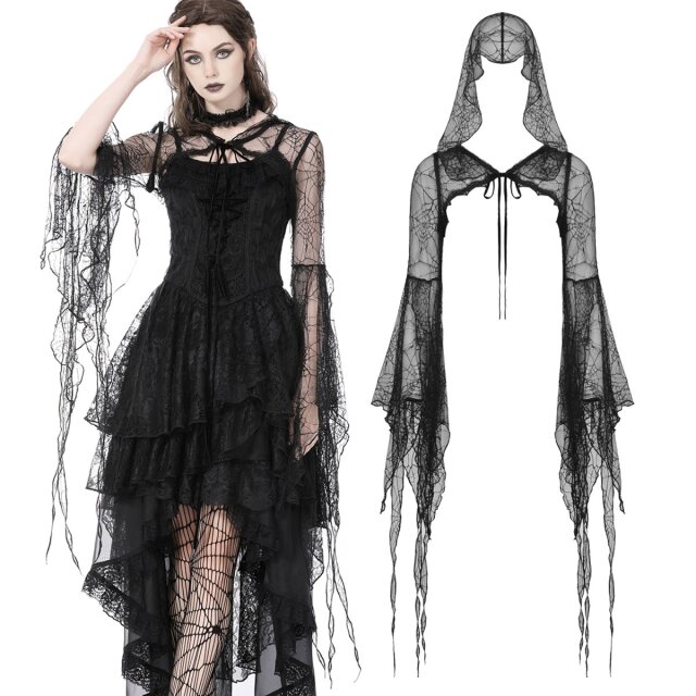 Dark In Love Gothic lace bolero Spinster with hood (BW113), made of transparent spider web fabric and with long fringed trumpet sleeves