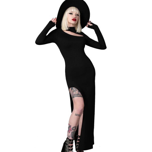 KILLSTAR Astaroth Gothic Langarm-Kleid (KSRA008378) mit asymmetrischem Cut-Out im Dekoletté-Bereich, hohem Beinschlitz und Stehkragen