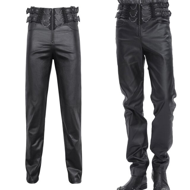 Schmale, elegante Devil Fashion Hose (PT243) in Leder-Optik mit ausgefallenen dunkelromantischen Victorian-Goth Details, wie Spitzenborten, Perlen und abnehmbaren Kettchen