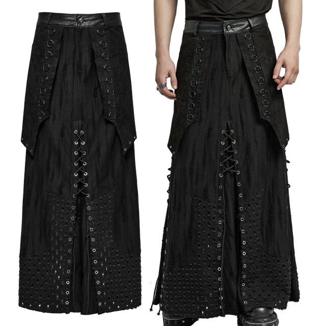 Knöchellanger Punk Rave Gothic Herrenrock (WQ-718BK) in Distressed-Optik mit Kunstleder-Details und Schnürungen