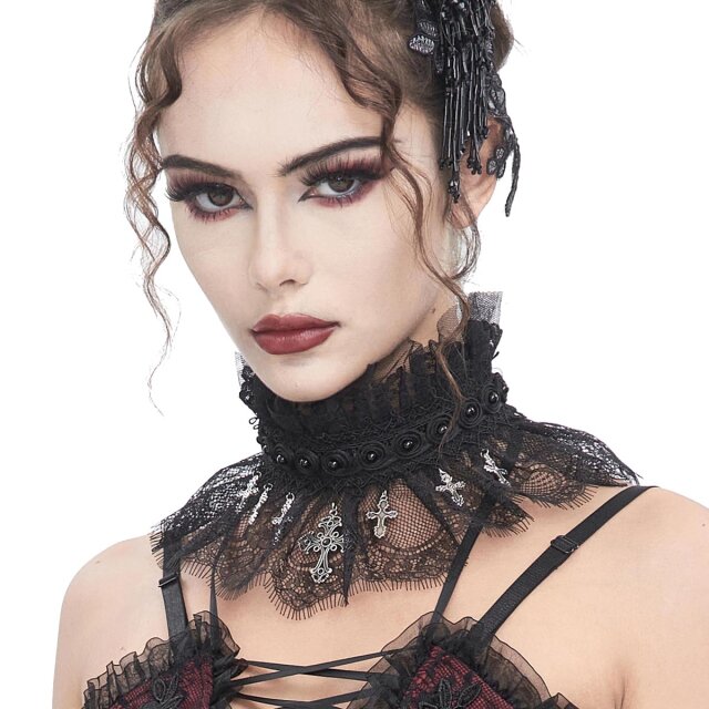 Austere gothic choker / collar (EAS015) made of tulle and lace with baroque decorated crosses at the front and a beaded border around the neck for a breathtakingly sublime Victorian look.