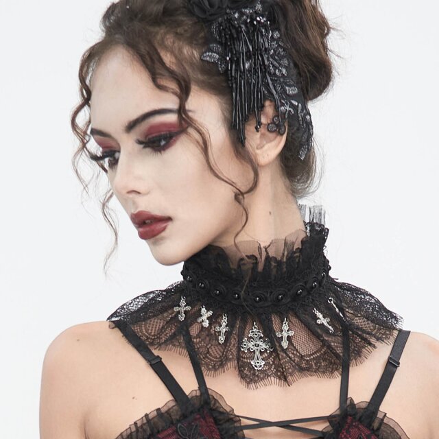 Strenger Eva Lady Kragen Crucifix aus Tüll und Spitze mit Kreuzen XS-L