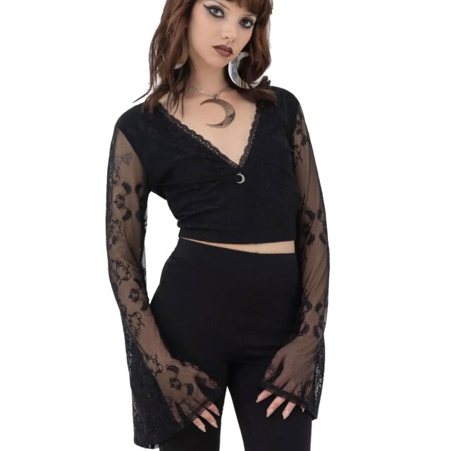 KILLSTAR Serphent top (KSRA011265) with long, transparent trumpet sleeves made of lace, tummy-baring cut with large V-neckline and moon pendant