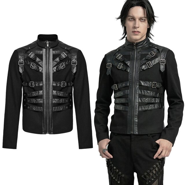 Gothic short jacket Devils Advocate with adjustable faux leather straps (WY-1628BK), distinctive shoulder section with punky buckles and stand-up collar