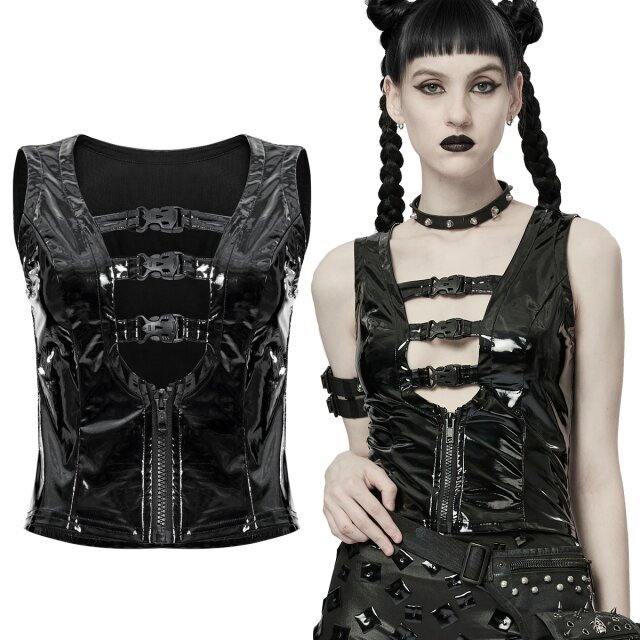 Glänzende Punk Rave Lack-Weste (WY-1470BK) im Cyber-Goth Stil mit tiefem Ausschnitt und Tech-Wear-Clips sowie kurzem schwarzen Reißverschluss