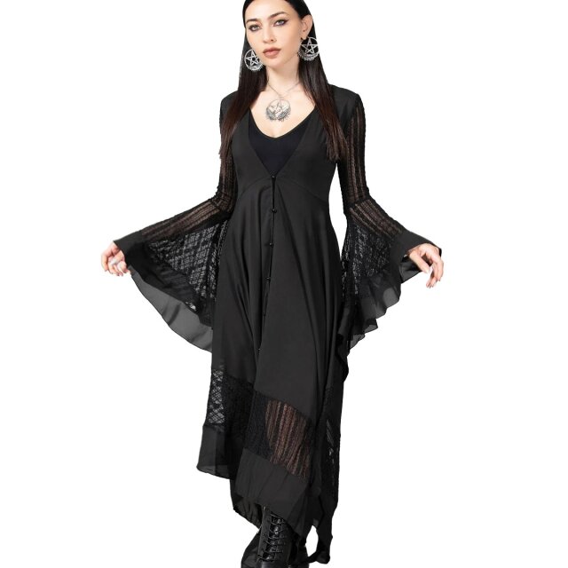 KILLSTAR Valdermerca gothic maxi chiffon dress (KSRA009206) with lace trimmed hanky hem, deep V-neck and wide trumpet sleeves