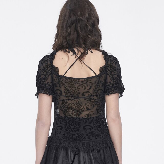 Beflockte kurzarm Mesh-Bluse Lace Lyrics mit Choker M-L