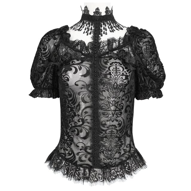 Beflockte kurzarm Mesh-Bluse Lace Lyrics mit Choker M-L