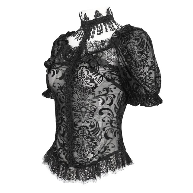 Beflockte kurzarm Mesh-Bluse Lace Lyrics mit Choker M-L