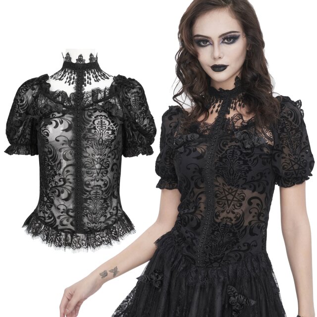 Viktorianische, romantische kurzarm Bluse von Devil Fashion (TT268) aus transparentem, beflocktem Mesh mit Spitzenbordüre, Rosenapplikationen aus Satin, und schwarzer Perlenzierborte, die die Bluse mit dem Choker aus Spitze verbindet.