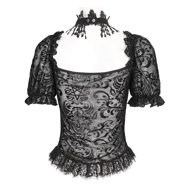 Beflockte kurzarm Mesh-Bluse Lace Lyrics mit Choker XS-S