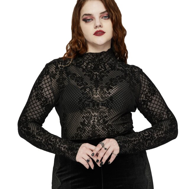 Hautenges PUNK RAVE Langarm-Shirt (WT-832) aus beflocktem, transparentem Mesh mit barocken Ornamentmuster zwischen eleganten Rauten