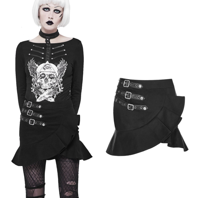 PUNK RAVE WQ-0370 Very comfortable demin gothic mini skirt in black with flounce & straps. Ladies Gothic & Steampunk clothing