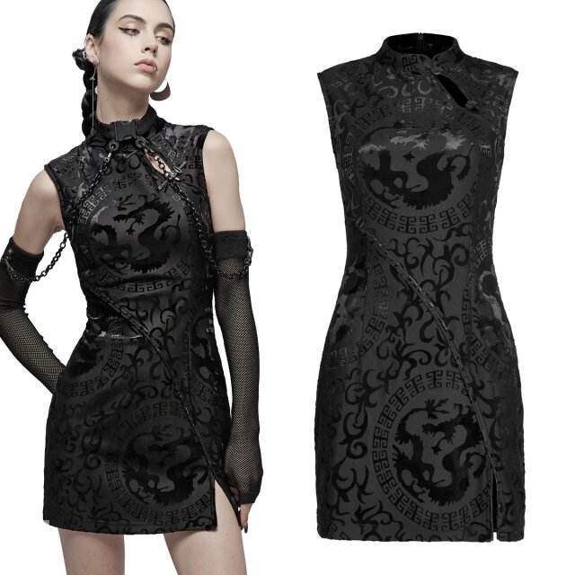 PUNK RAVE Minikleid im asiatischen Goth Style (OPQ-1219BK) im Cheongsam-Schnitt mit samtigem Drachen-Muster sowie mit schmalem Stehkragen und schräg verlaufendem Ausschnitt mit Tech-Wear Verschlüssen