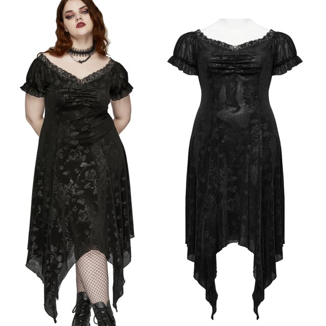Punk Rave curvy pointed dress Rosalie (DQ-735) with short puff sleeves and tipped hem made of elastic mesh velvet with a dark romantic rose pattern in black.