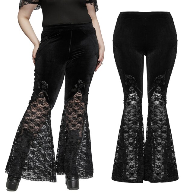 Dunkelromantische Punk Rave Plus Size Gothic Samt-Schlaghose (DK-636BK) mit Blütenverzierung und weit ausgestellten Hosenbeinen aus transparenter, floraler Spitze