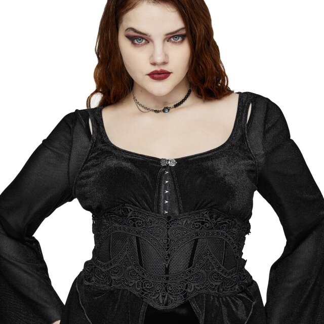 PUNK RAVE Gothic Netzkorsagengürtel Annea mit Spitze (WS-615YDF), Ornamentmuster und Samtschnürung für dunkelromantische Momente